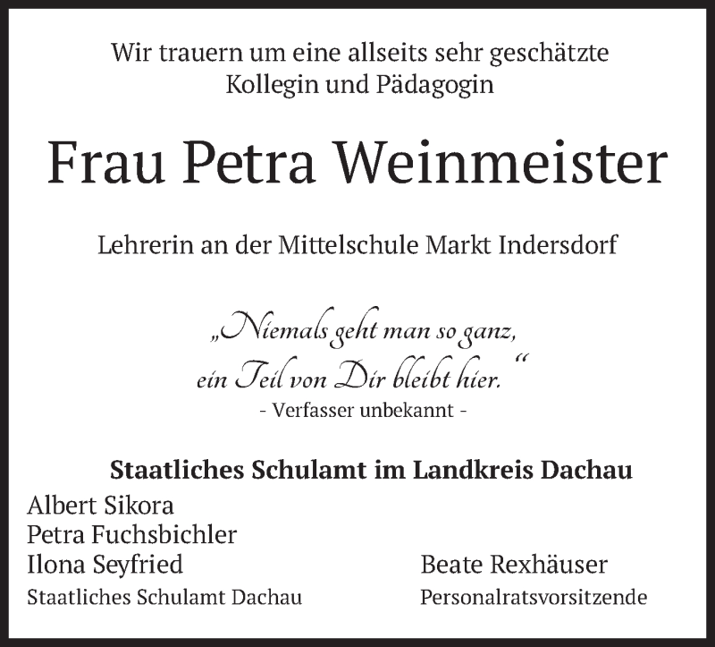  Traueranzeige für Petra Weinmeister vom 29.01.2022 aus merkurtz