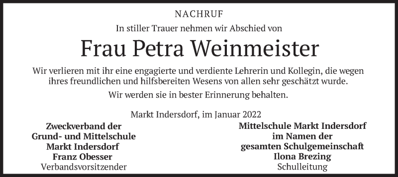  Traueranzeige für Petra Weinmeister vom 28.01.2022 aus merkurtz