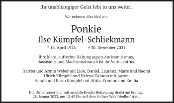 Traueranzeige von Ponkie Ilse Kümpfel-Schliekmann von merkurtz