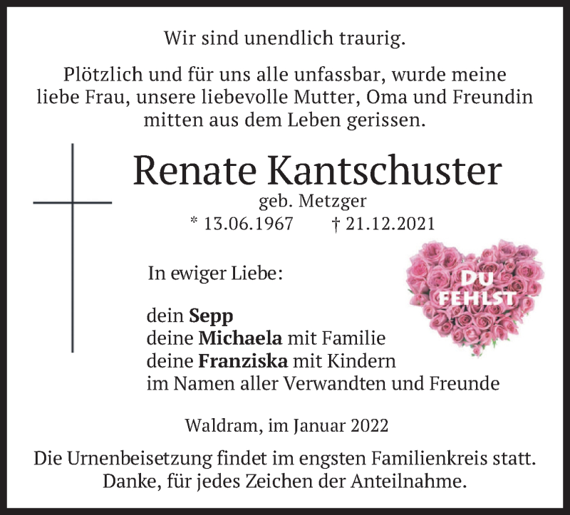  Traueranzeige für Renate Kantschuster vom 08.01.2022 aus merkurtz