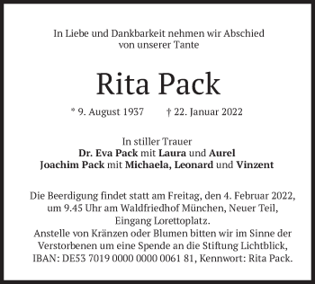 Traueranzeige von Rita Pack von merkurtz