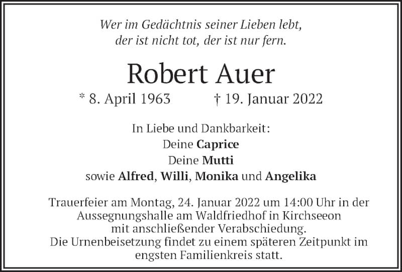  Traueranzeige für Robert Auer vom 22.01.2022 aus merkurtz