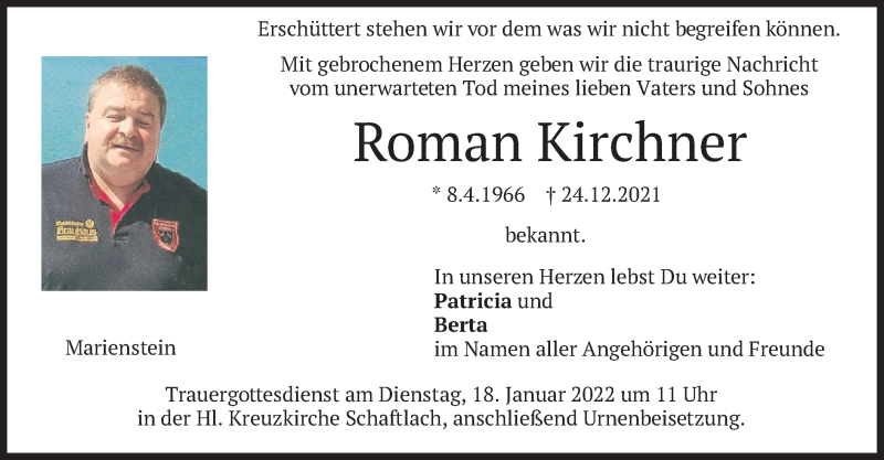  Traueranzeige für Roman Kirchner vom 15.01.2022 aus merkurtz
