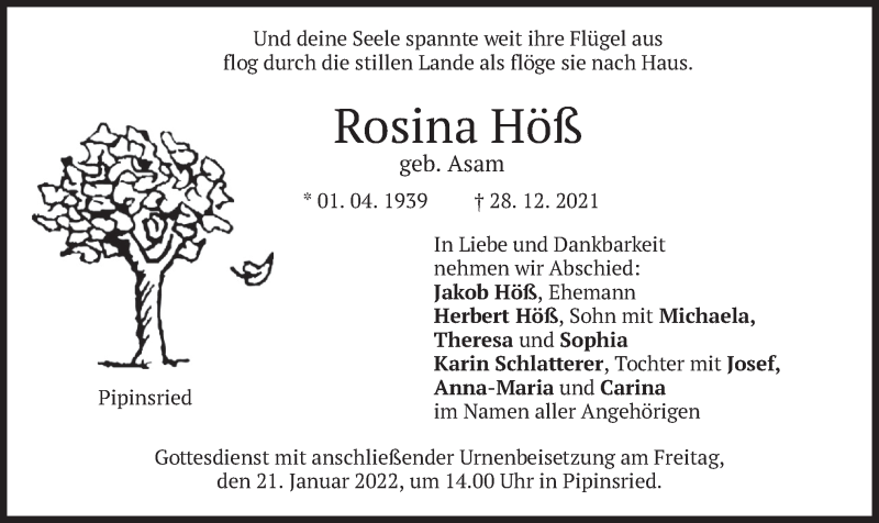  Traueranzeige für Rosina Höß vom 15.01.2022 aus merkurtz