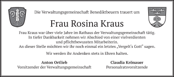 Traueranzeige von Rosina Kraus von merkurtz