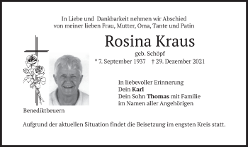 Traueranzeige von Rosina Kraus von merkurtz