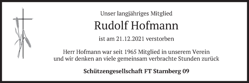  Traueranzeige für Rudolf Hofmann vom 12.01.2022 aus merkurtz