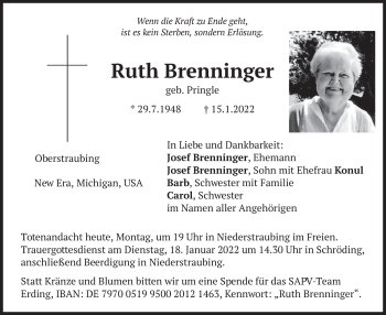 Traueranzeige von Ruth Brenninger von merkurtz