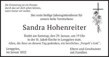Traueranzeige von Sandra Hohenreiter von merkurtz