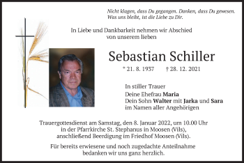 Traueranzeige von Sebastian Schiller von merkurtz