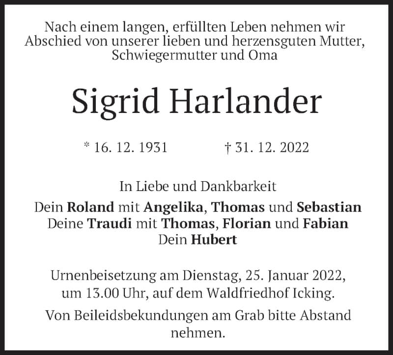  Traueranzeige für Sigrid Harlander vom 22.01.2022 aus merkurtz