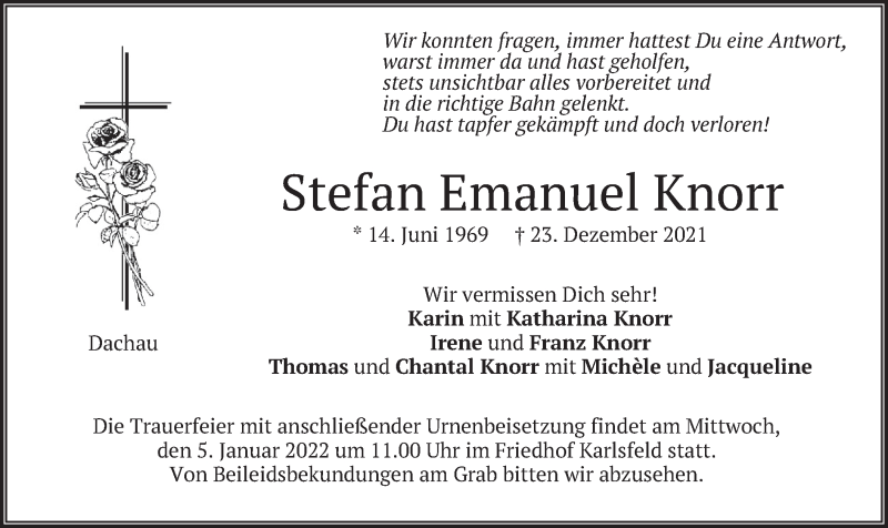  Traueranzeige für Stefan Emanuel Knorr vom 03.01.2022 aus merkurtz