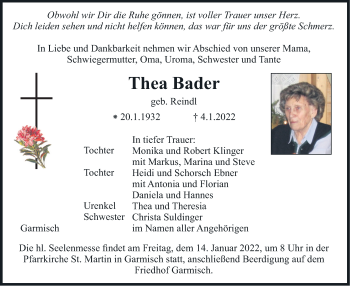 Traueranzeige von Thea Bader von merkurtz