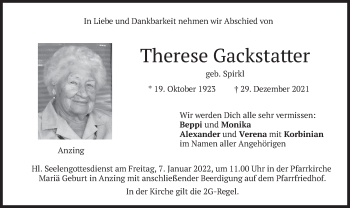 Traueranzeige von Therese Gackstatter von merkurtz