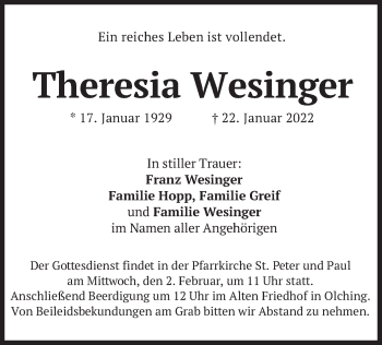 Traueranzeige von Theresia Wesinger von merkurtz