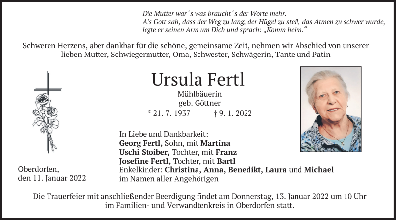  Traueranzeige für Ursula Fertl vom 11.01.2022 aus merkurtz