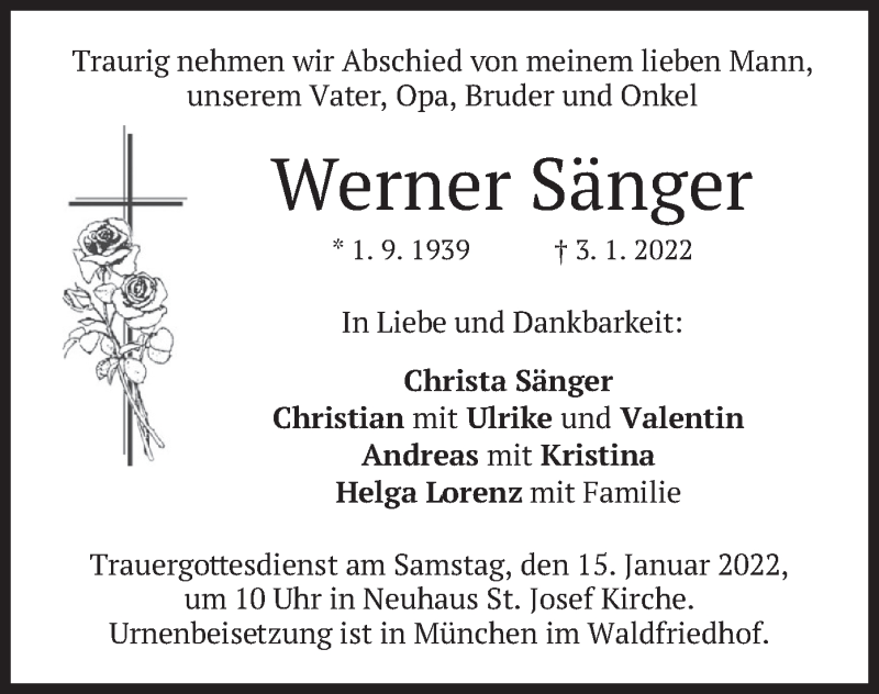  Traueranzeige für Werner Sänger vom 11.01.2022 aus merkurtz