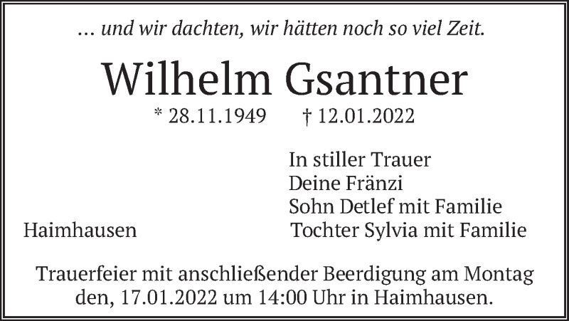 Traueranzeige für Wilhelm Gsantner vom 14.01.2022 aus merkurtz