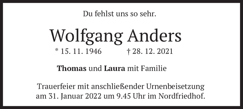  Traueranzeige für Wolfgang Anders vom 08.01.2022 aus merkurtz