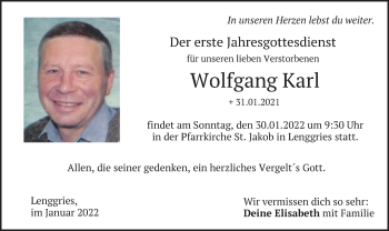 Traueranzeige von Wolfgang Karl von merkurtz