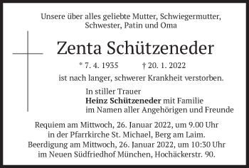 Traueranzeige von Zenta Schützeneder von merkurtz