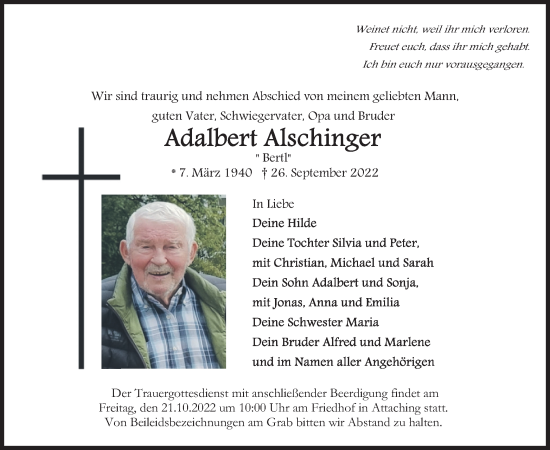 Traueranzeige von Adalbert Alschinger von merkurtz