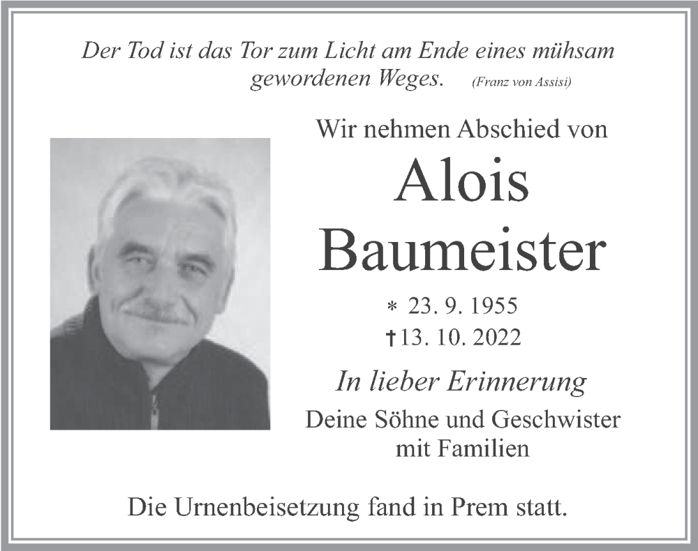 Traueranzeigen Von Alois Baumeister | Trauer.merkur.de