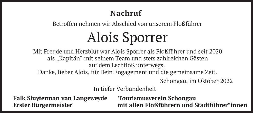  Traueranzeige für Alois Sporrer vom 15.10.2022 aus merkurtz
