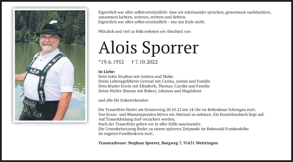  Traueranzeige für Alois Sporrer vom 13.10.2022 aus merkurtz