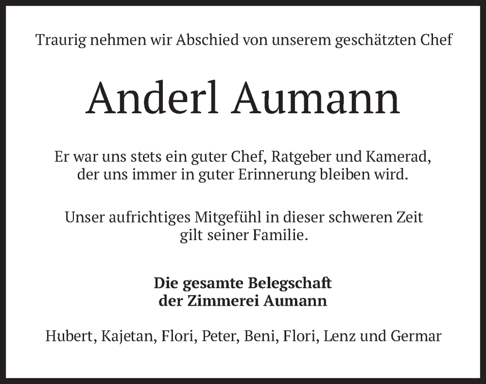  Traueranzeige für Anderl Aumann vom 11.10.2022 aus merkurtz