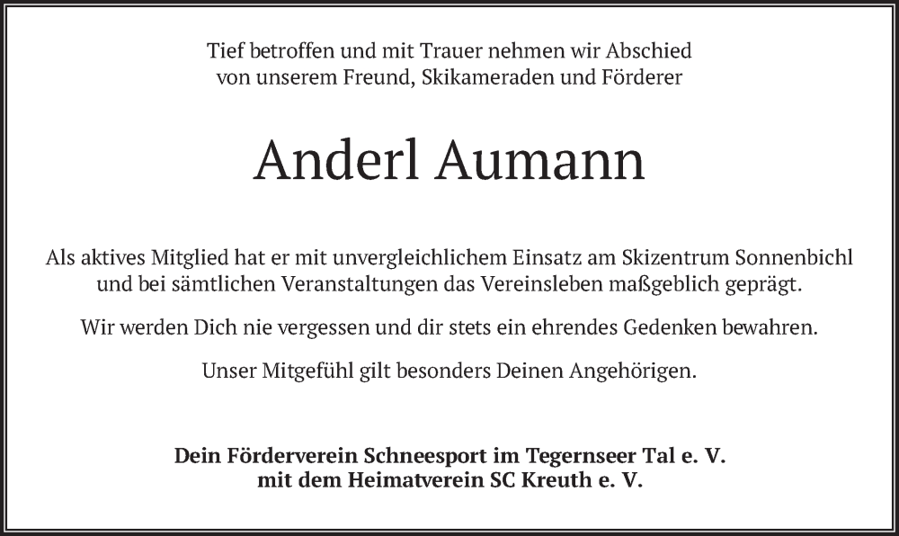  Traueranzeige für Anderl Aumann vom 12.10.2022 aus merkurtz