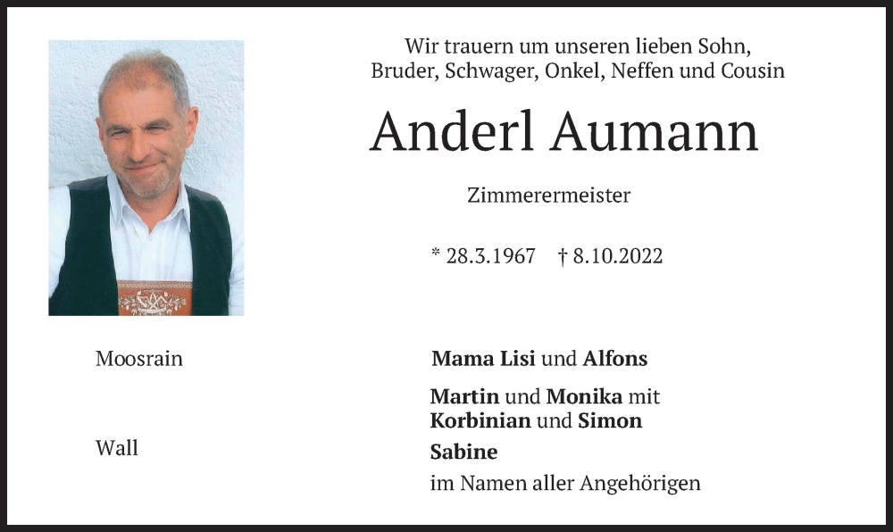  Traueranzeige für Anderl Aumann vom 12.10.2022 aus merkurtz
