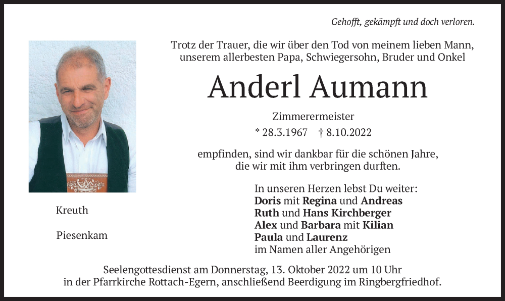  Traueranzeige für Anderl Aumann vom 11.10.2022 aus merkurtz