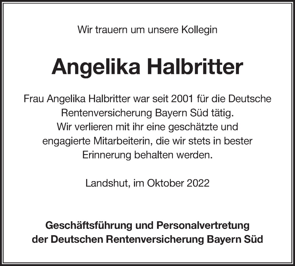 Traueranzeige für Angelika Halbritter vom 17.10.2022 aus merkurtz
