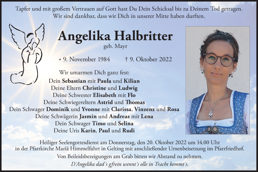 Traueranzeige für Angelika Halbritter vom 15.10.2022 aus merkurtz
