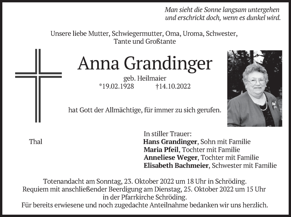  Traueranzeige für Anna Grandinger vom 22.10.2022 aus merkurtz