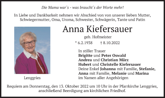 Traueranzeige von Anna Kiefersauer von merkurtz