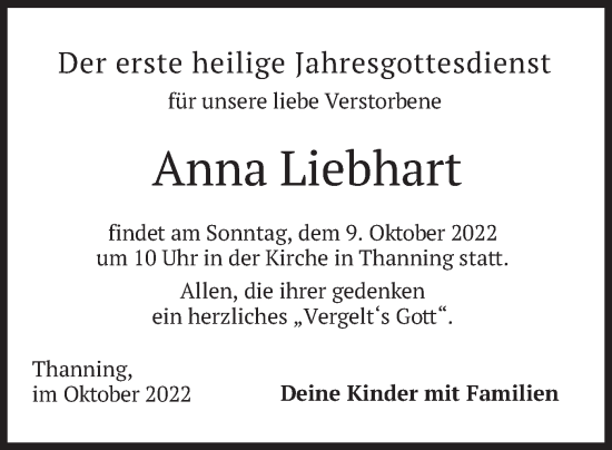 Traueranzeige von Anna Liebhart von merkurtz