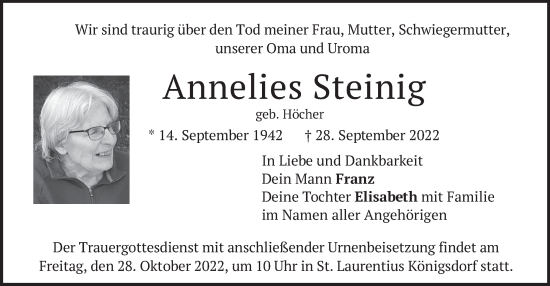 Traueranzeige von Annelies Steinig von merkurtz