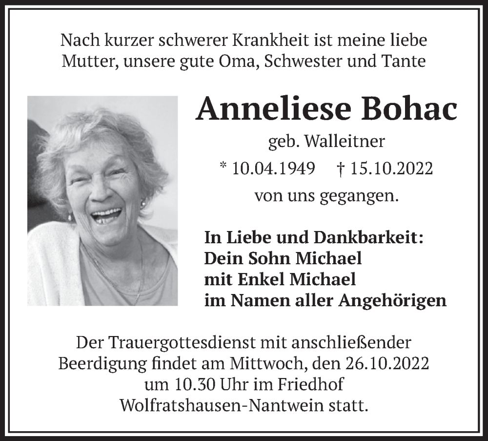  Traueranzeige für Anneliese Bohac vom 22.10.2022 aus merkurtz