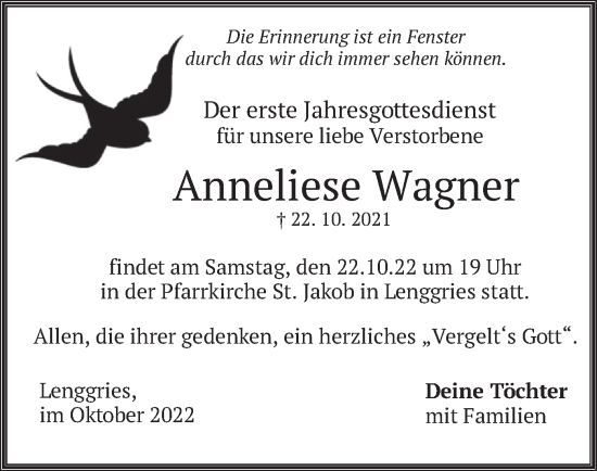 Traueranzeige von Anneliese Wagner von merkurtz