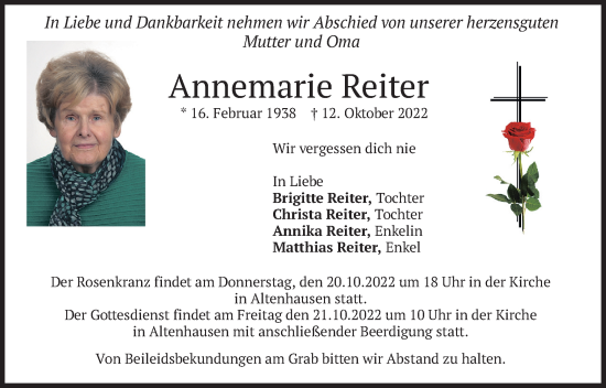 Traueranzeige von Annemarie Reiter von merkurtz