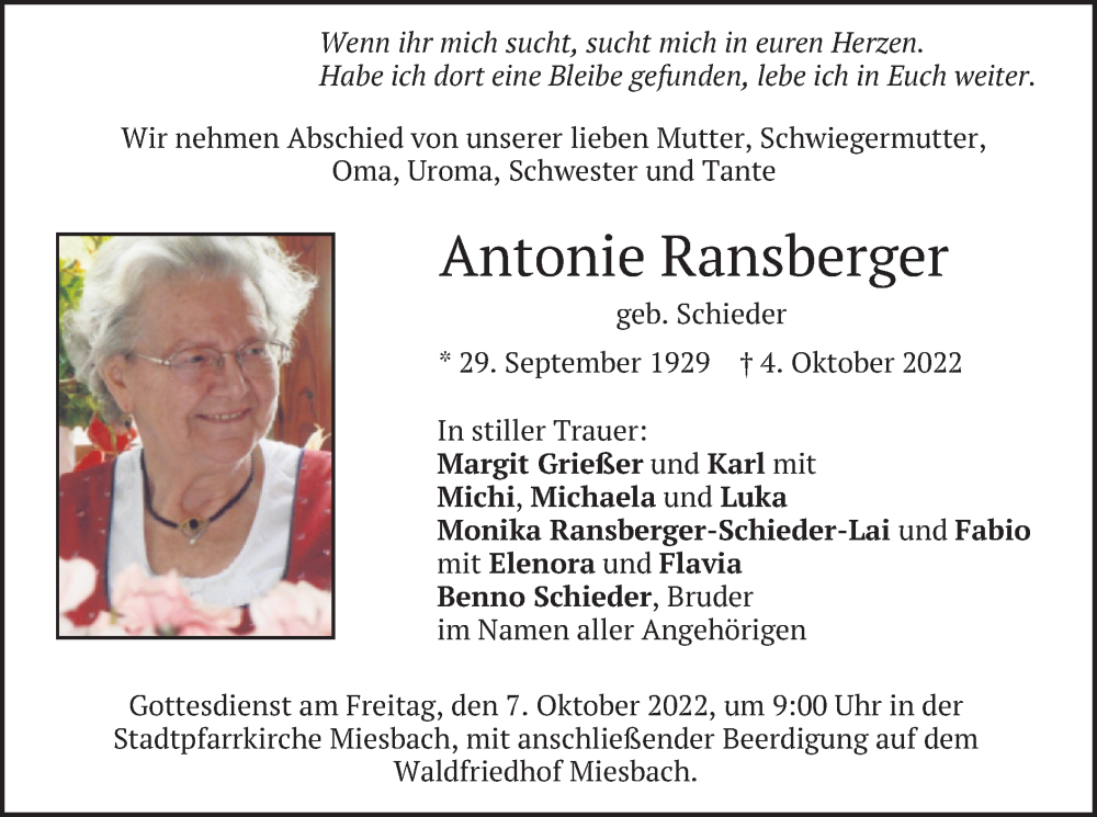  Traueranzeige für Antonie Ransberger vom 06.10.2022 aus merkurtz