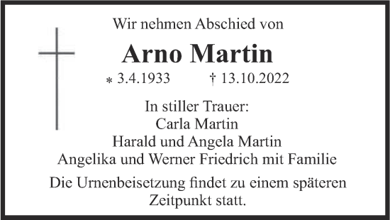 Traueranzeige von Arno Martin von merkurtz