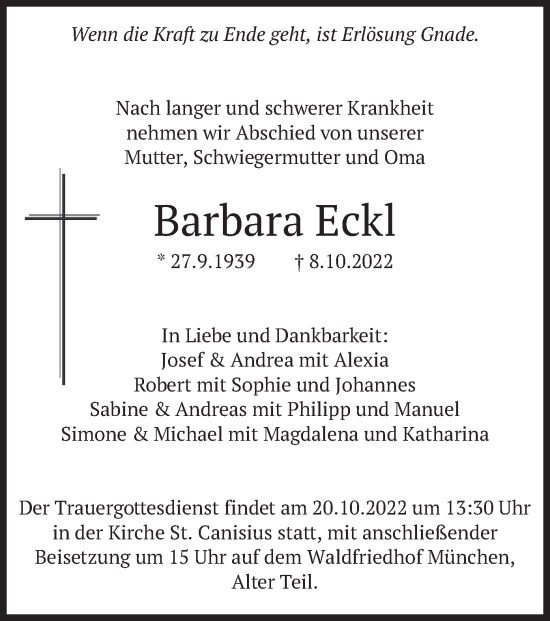 Traueranzeige von Barbara Eckl von merkurtz