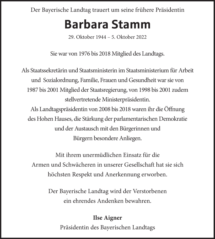  Traueranzeige für Barbara Stamm vom 08.10.2022 aus merkurtz