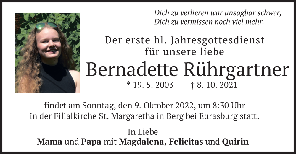  Traueranzeige für Bernadette Rührgartner vom 07.10.2022 aus merkurtz
