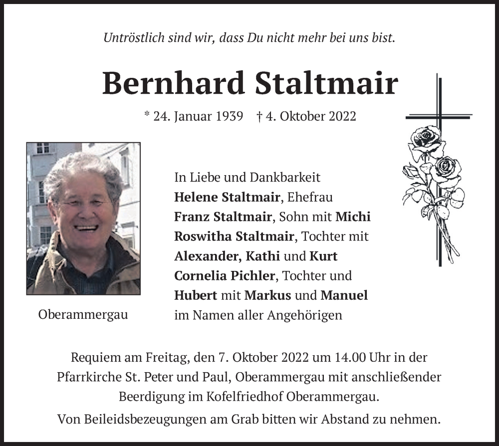  Traueranzeige für Bernhard Staltmair vom 06.10.2022 aus merkurtz