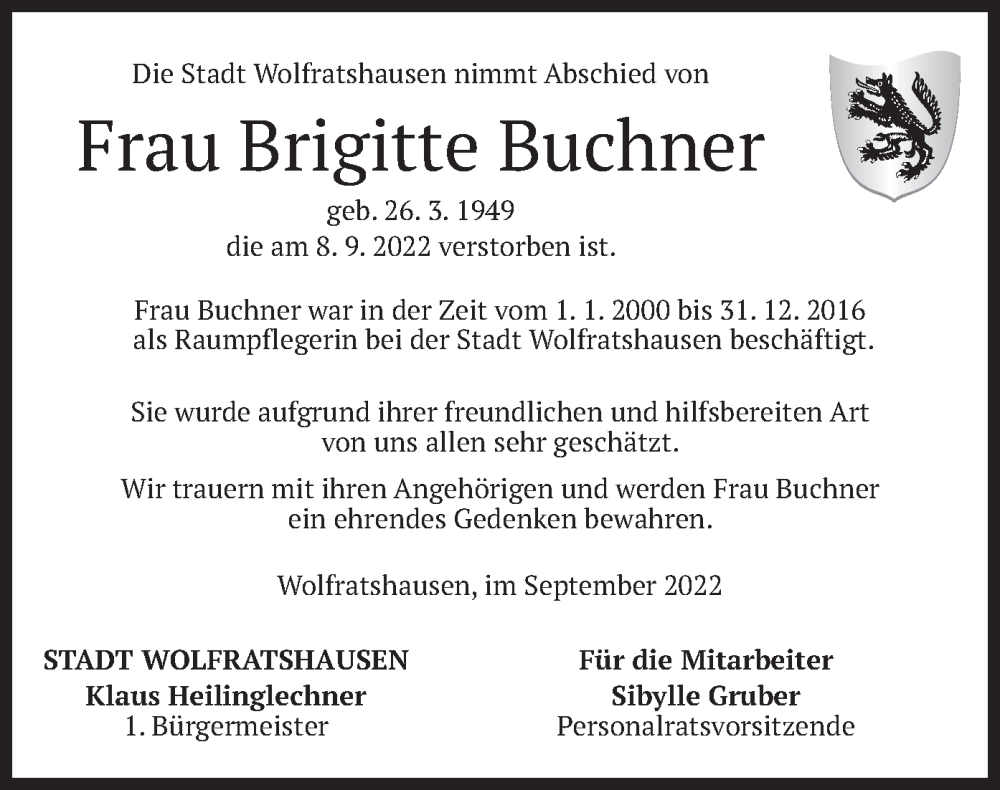  Traueranzeige für Brigitte Buchner vom 05.10.2022 aus merkurtz
