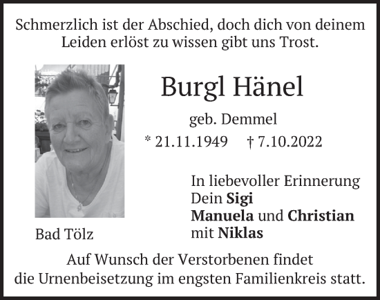 Traueranzeige von Burgl Hänel von merkurtz